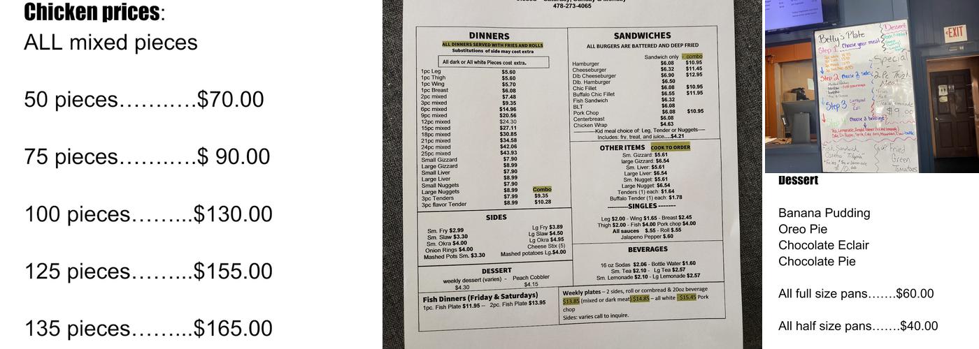 Mrs Betty's Fried Chicken Restaurant LLC Menu
