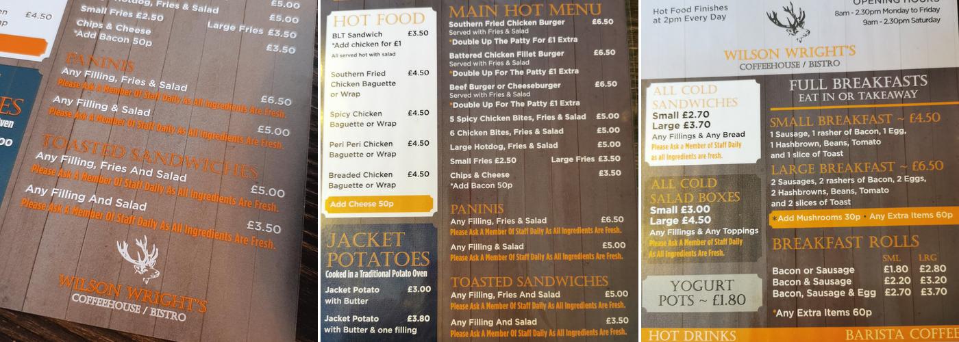 Wilson Wright's Coffee & Food Takeawy Menu