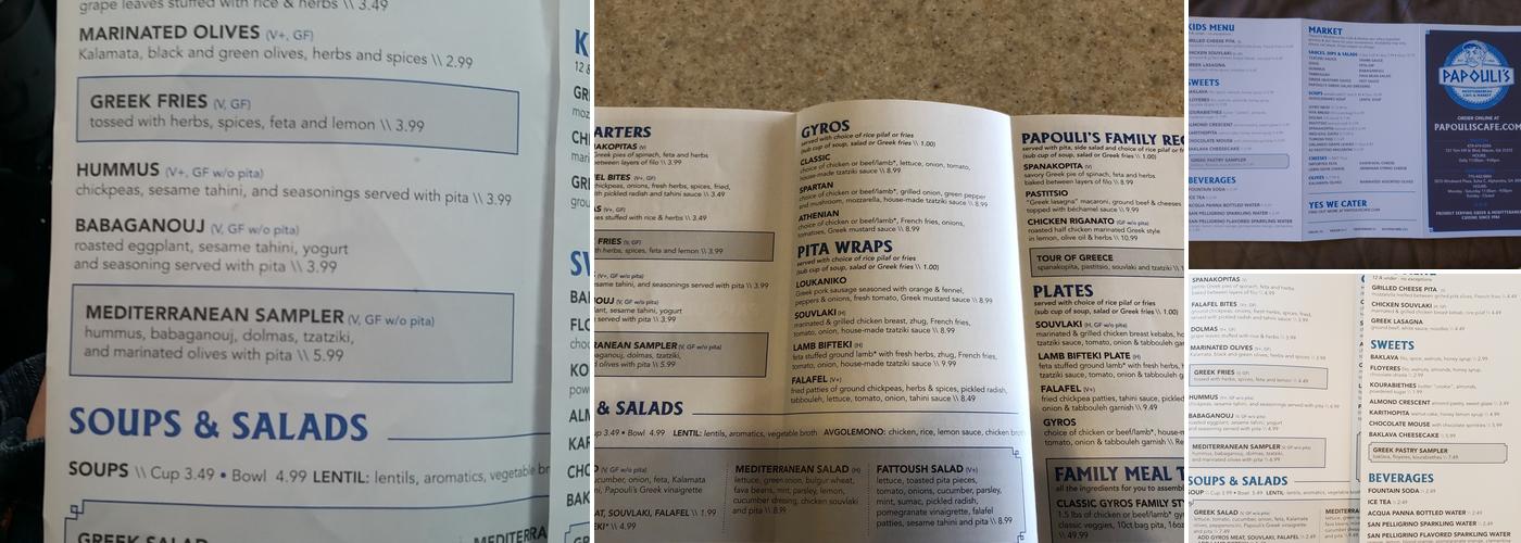 Papouli's Mediterranean Cafe and Market Menu