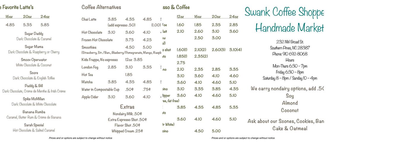Swank Coffee Shoppe Menu
