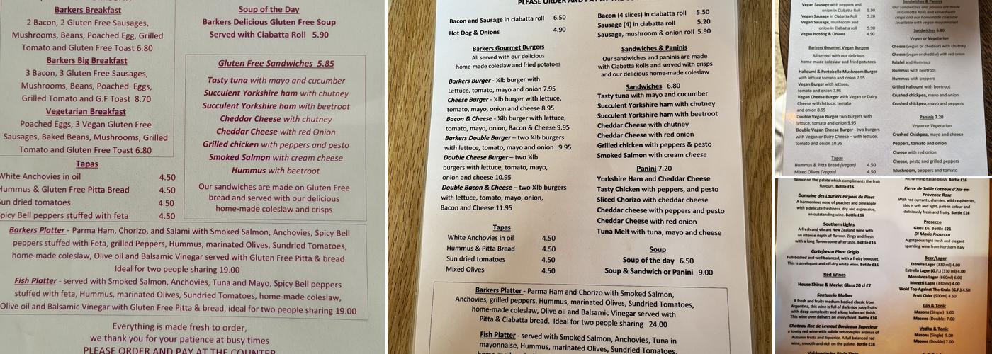 Barkers Cafe Bar Menu