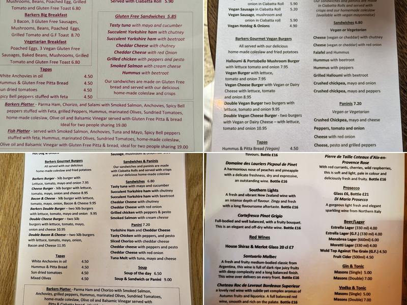 Barkers Cafe Bar Menu