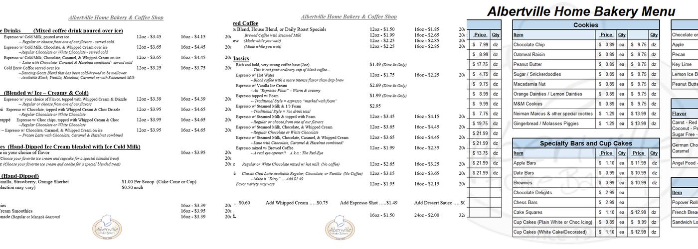 Albertville Home Bakery & Coffee Shop Menu