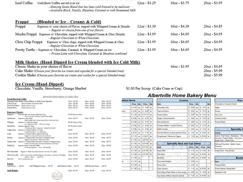 Albertville Home Bakery & Coffee Shop Menu