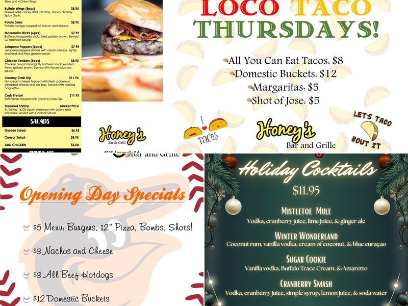 Honey's Bar and Grill Menu