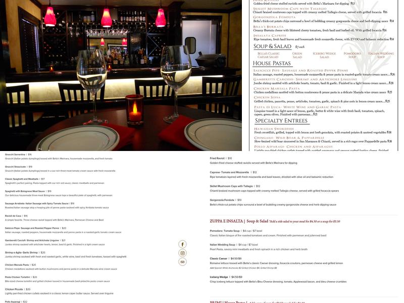 Bella's Bistro Menu