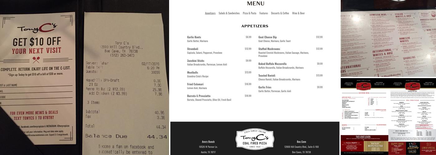 Tony C's Menu