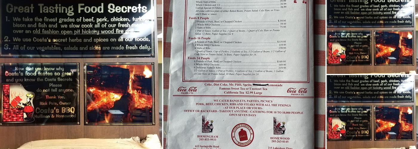 Costa`s Bar B Que Menu