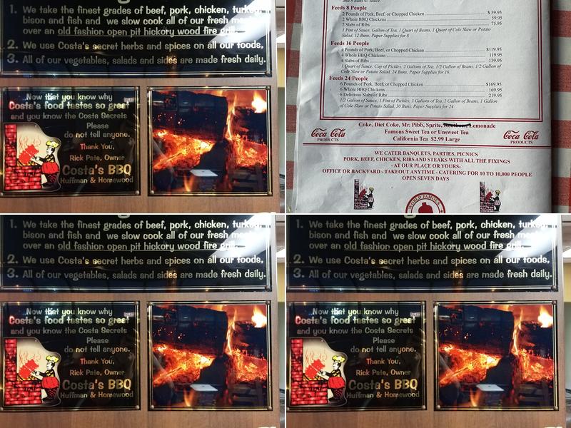 Costa`s Bar B Que Menu