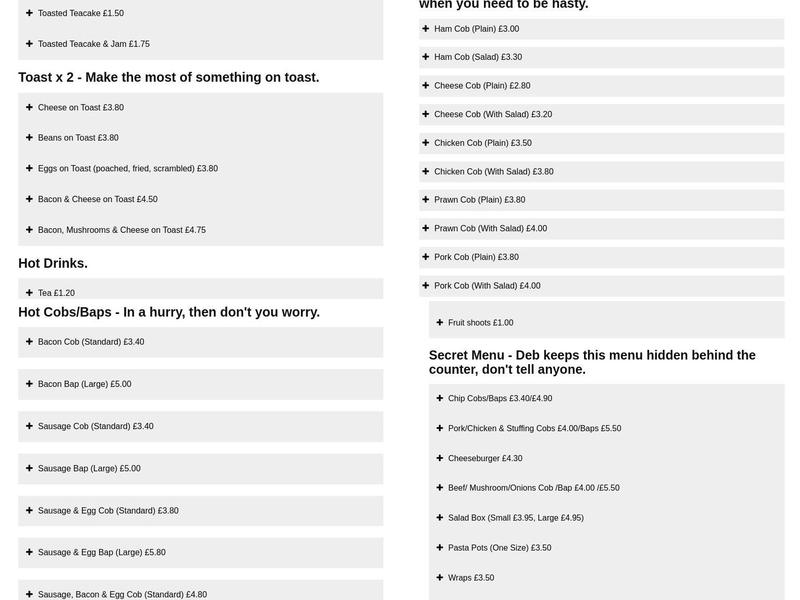 Debs Diner Menu