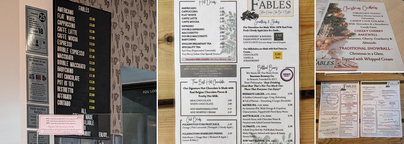 Fables Coffee House and Cake Bar Menu