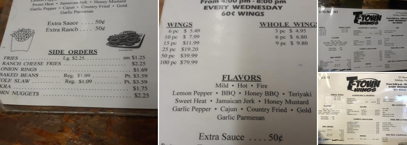 T Town Wings Menu