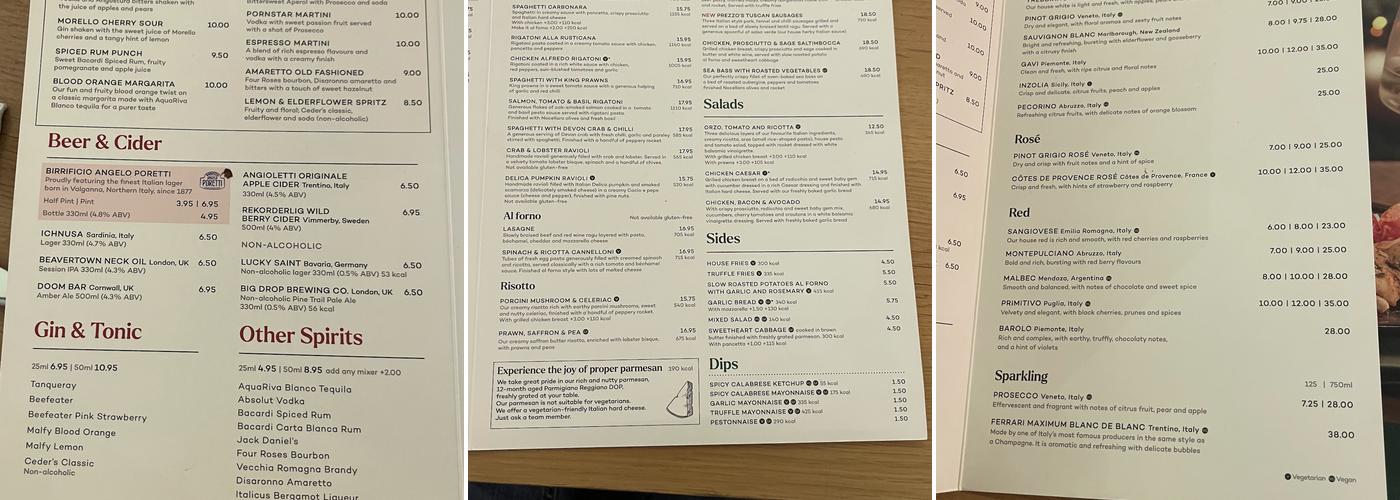 Prezzo Italian Restaurant Broughton Menu