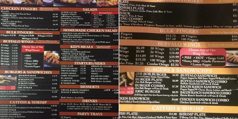 Jim Bob's Chicken Fingers Menu