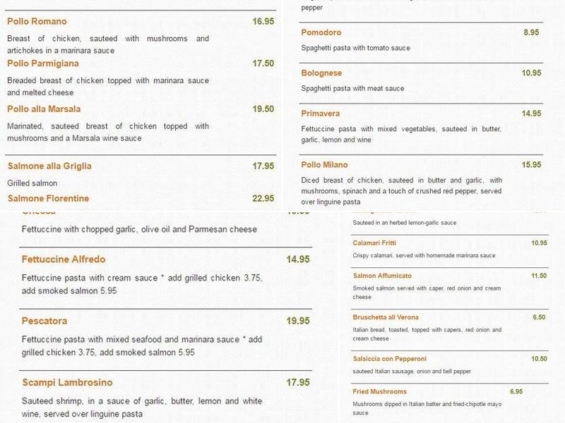 Verona Ristorante Italiano Menu