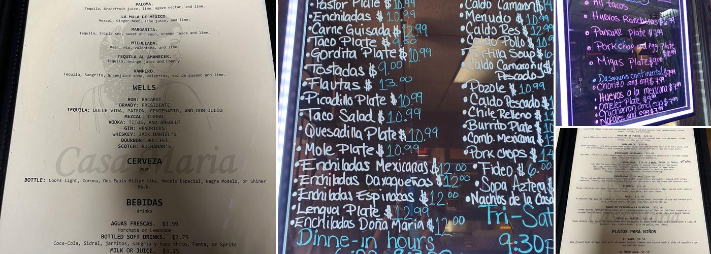 Casa Maria Menu