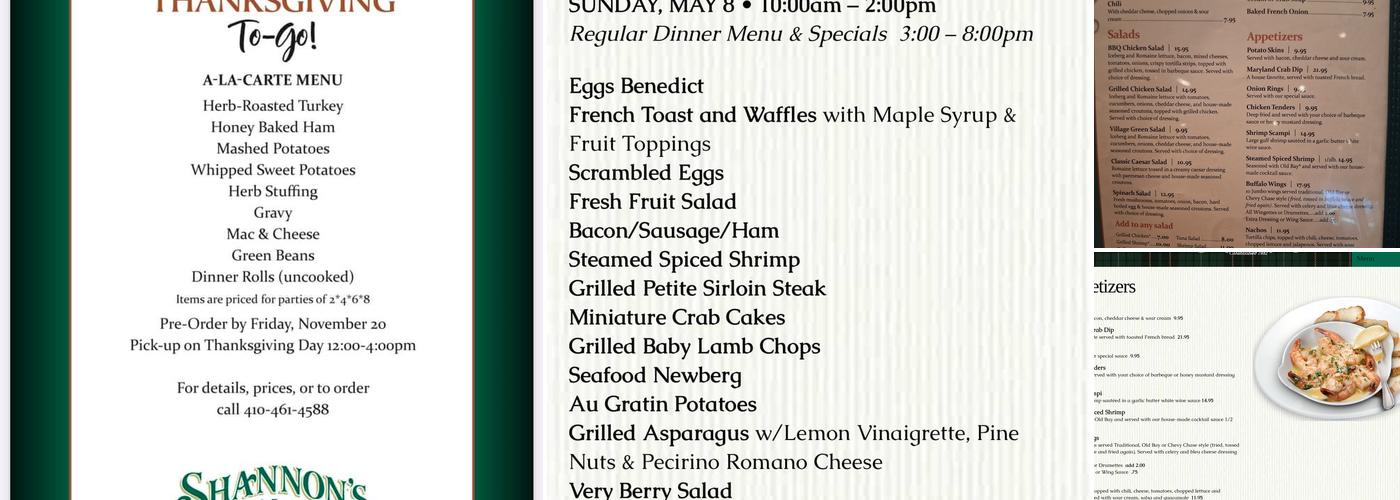 Shannon's Saloon Menu