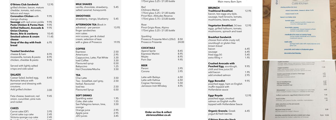 O'Briens Cafe Bar Menu