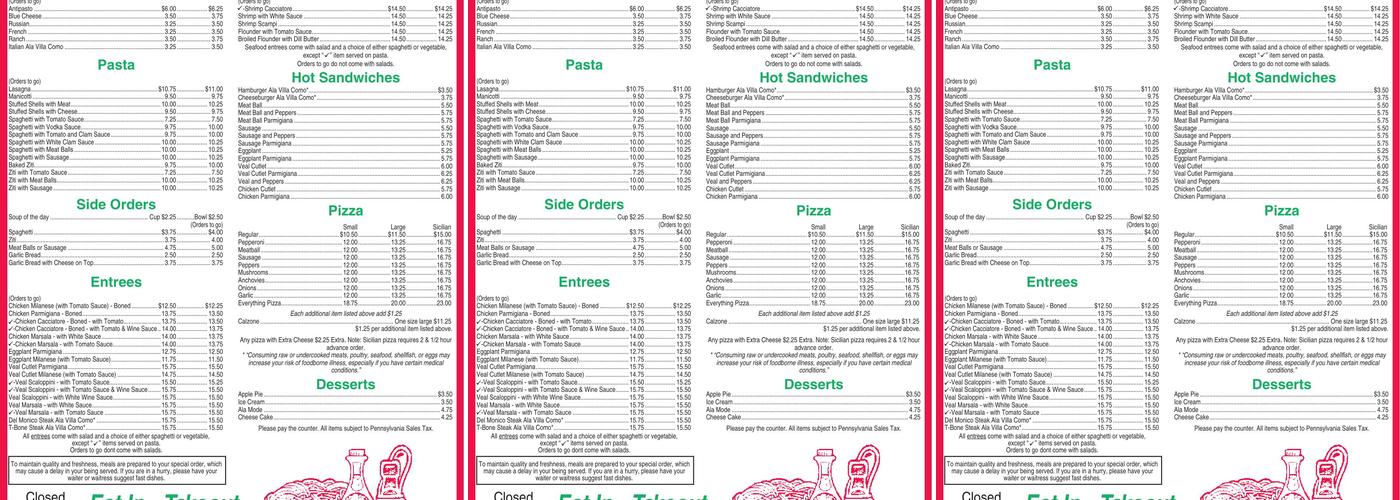 Villa Como Menu