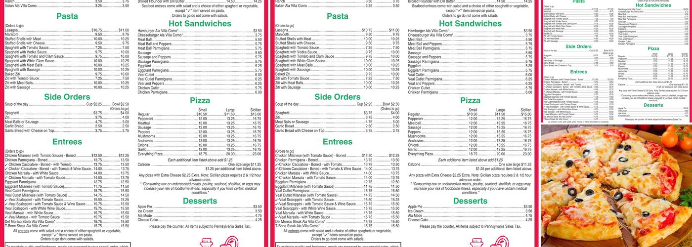Villa Como Menu