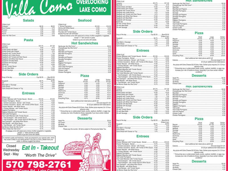 Villa Como Menu