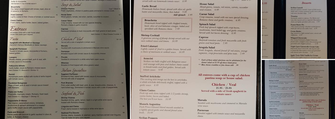 Orazio's by Zarcone Menu