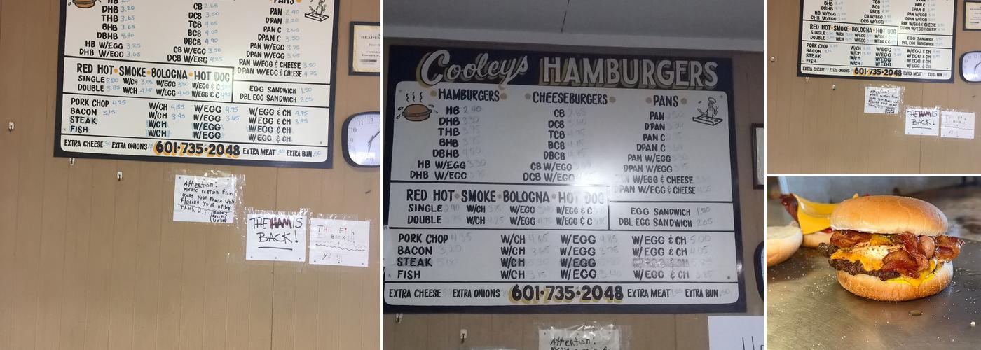 Cooley's Hamburgers Menu