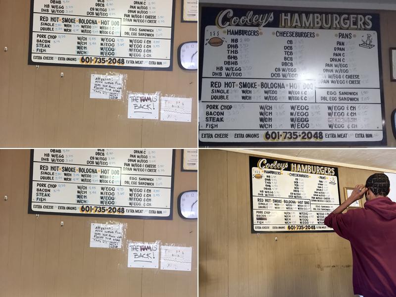 Cooley's Hamburgers Menu