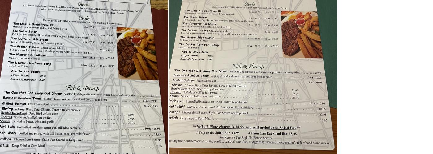 Skalkaho Steak House Menu