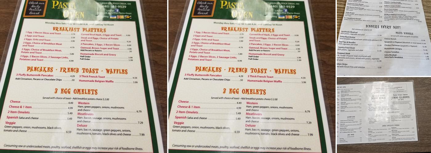 Pasta Oven Menu