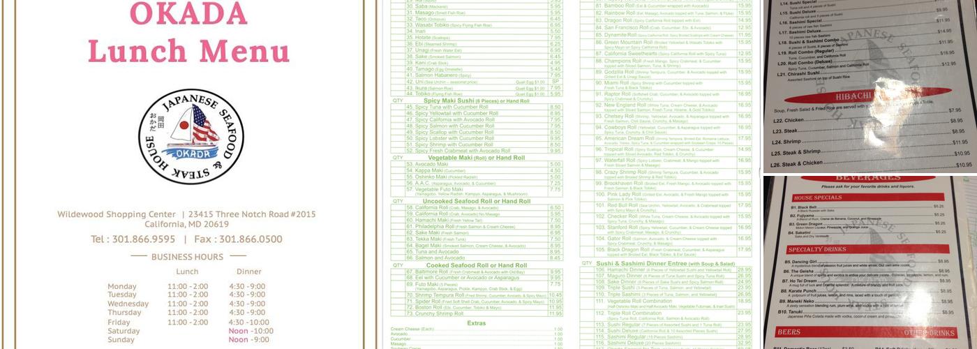 Okada Japanese Steak & Seafood Menu