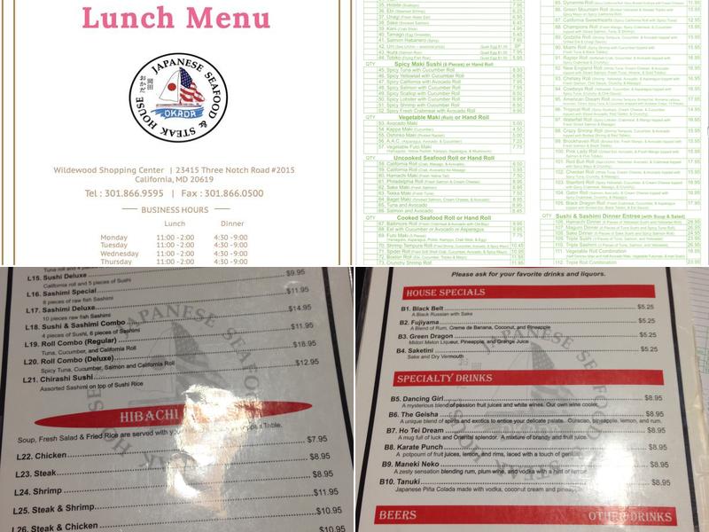 Okada Japanese Steak & Seafood Menu