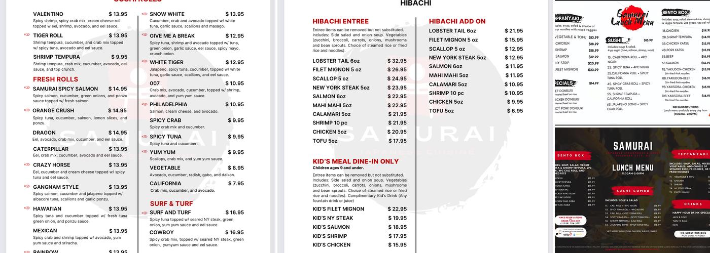 Samurai Japanese Steakhouse Menu