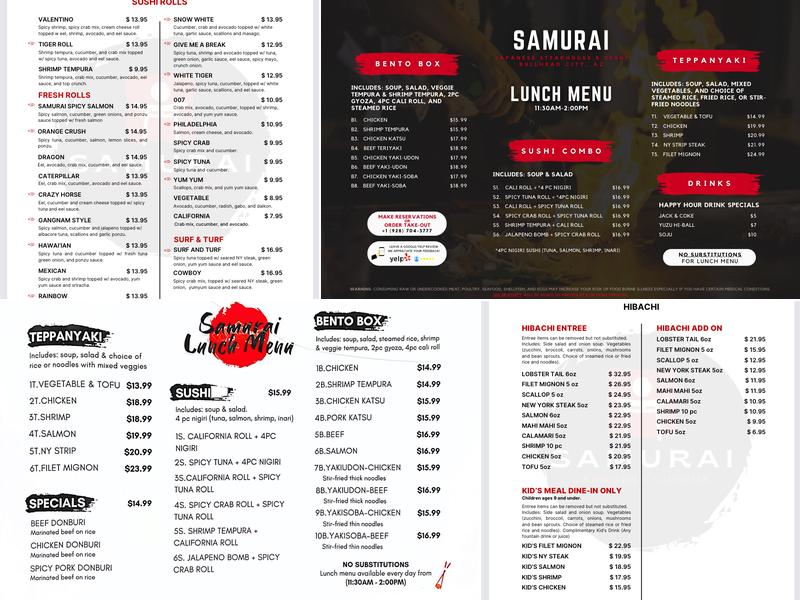 Samurai Japanese Steakhouse Menu