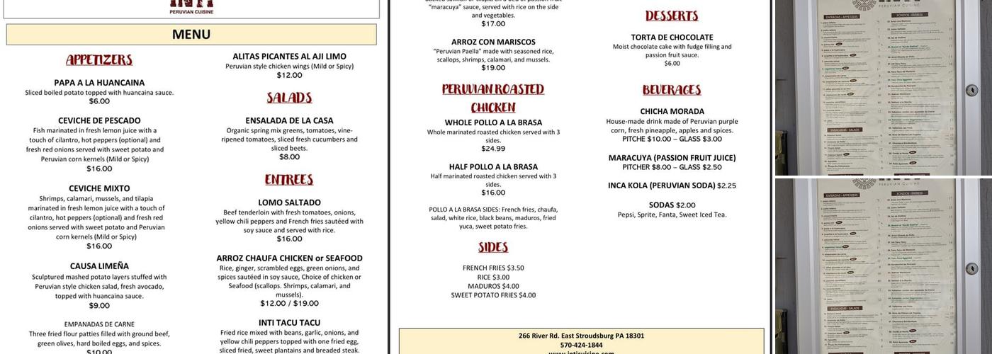 Inti Peruvian Cuisine Menu