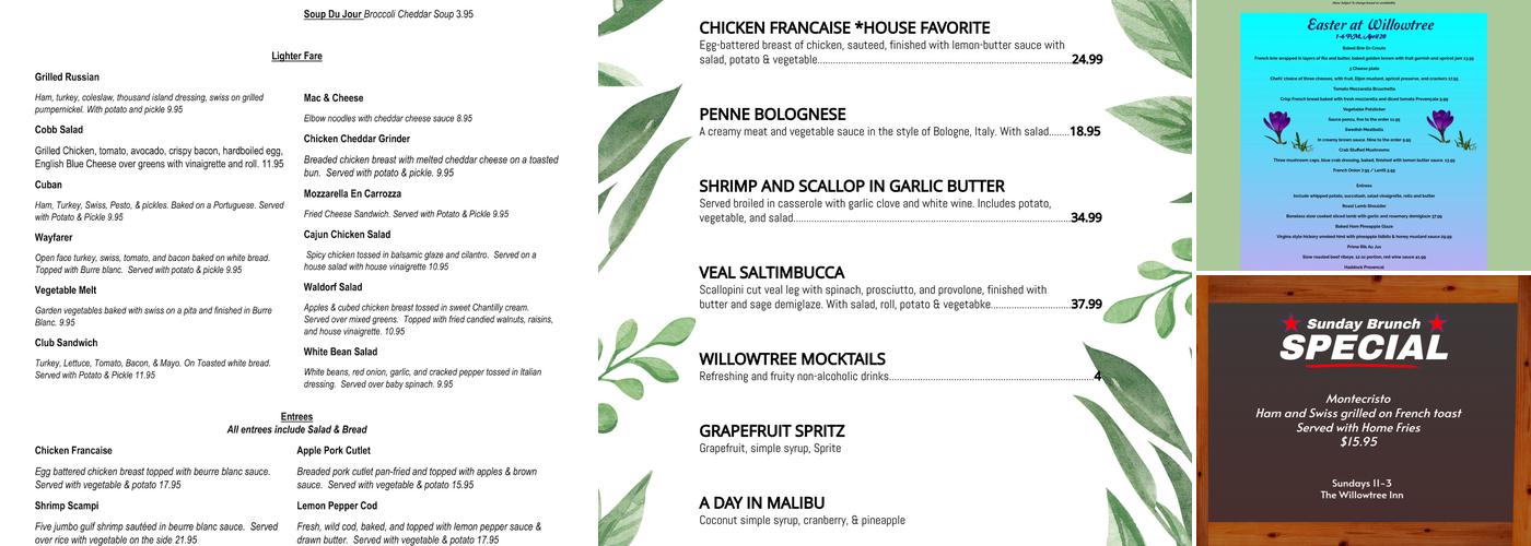 Willowtree Inn Restaurant Menu