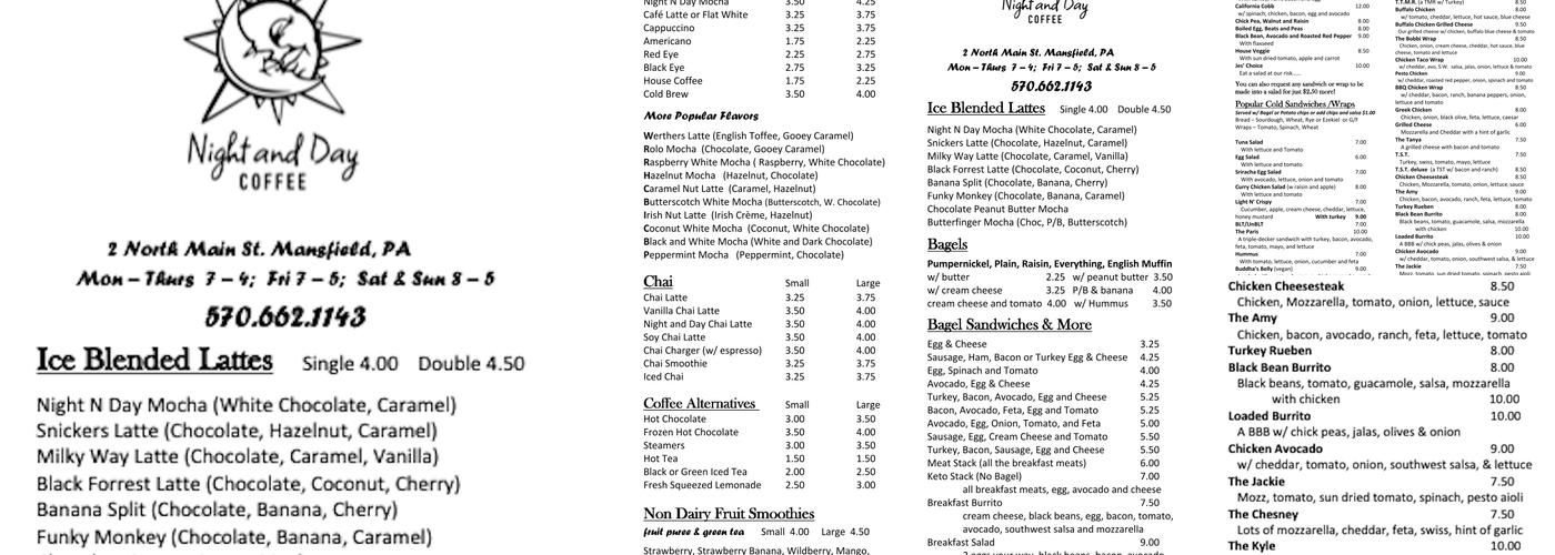 Night and Day Coffee Cafe Menu