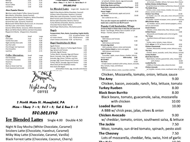 Night and Day Coffee Cafe Menu