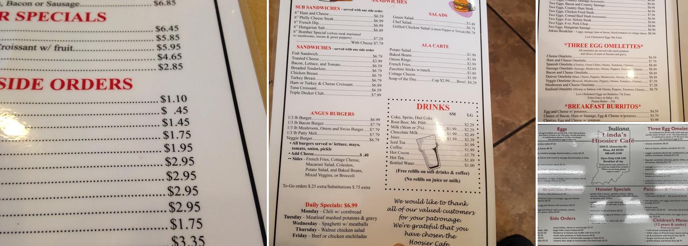 Linda's Hoosier Cafe Menu