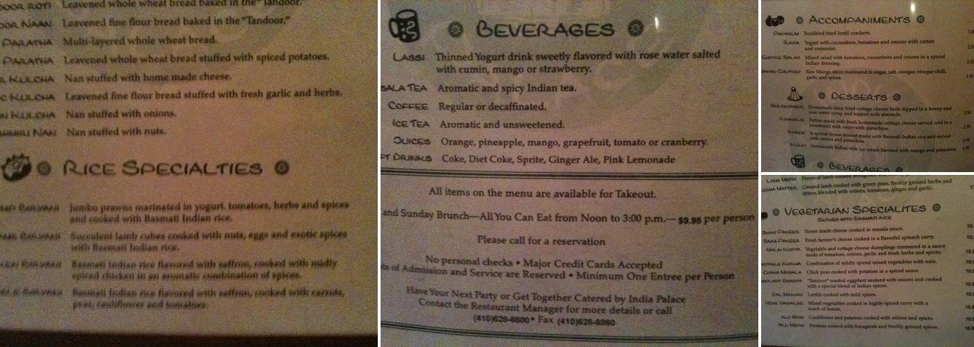 India Palace Menu