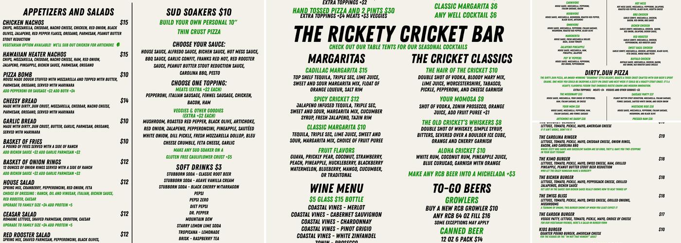 Rickety Cricket Brewing Menu