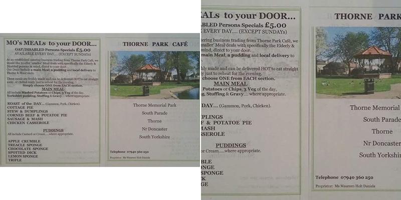 Thorne Park Cafe Menu