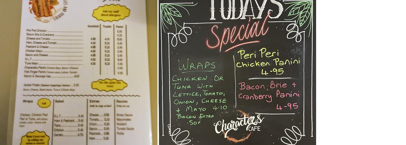 Characters Cafe Menu