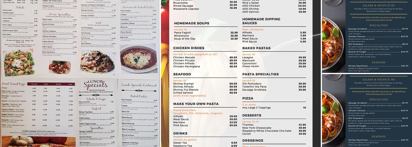 Pastafina Italian Pizza Restaurant Menu