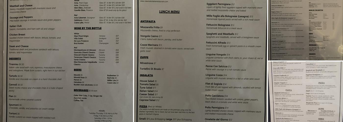 Via Veneto Italian Restaurant Menu
