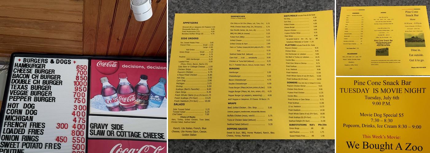Pine Cone Snack Bar Menu