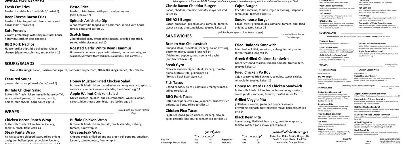 Broken Axe Brew House Menu