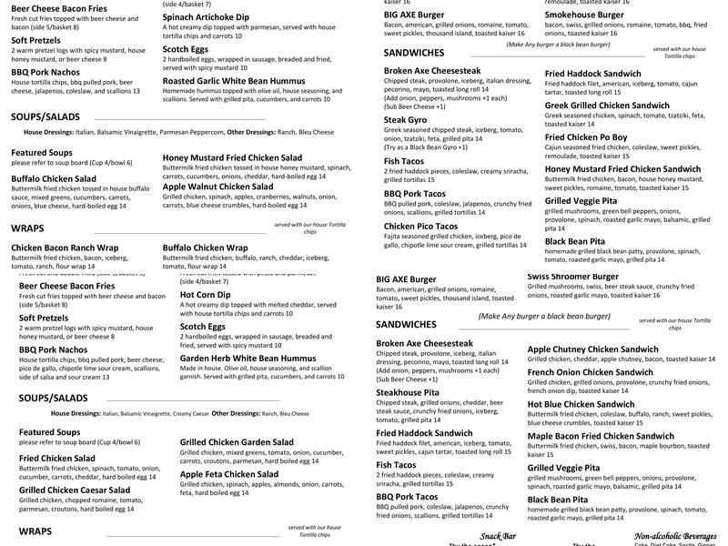 Broken Axe Brew House Menu