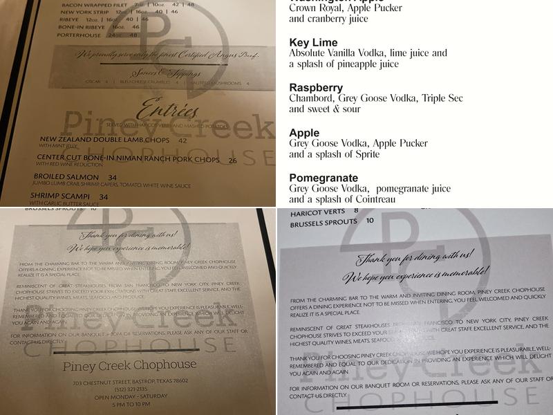 Piney Creek Chop House Menu