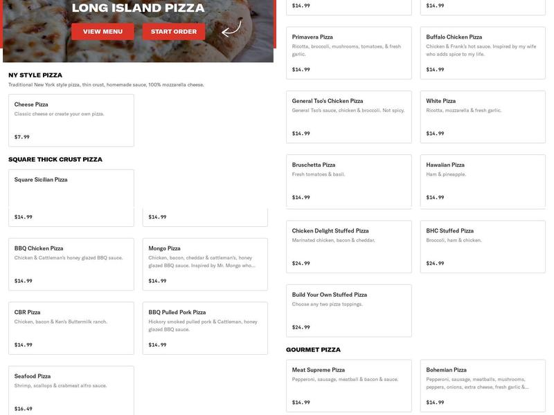 Long Island Pizza Menu